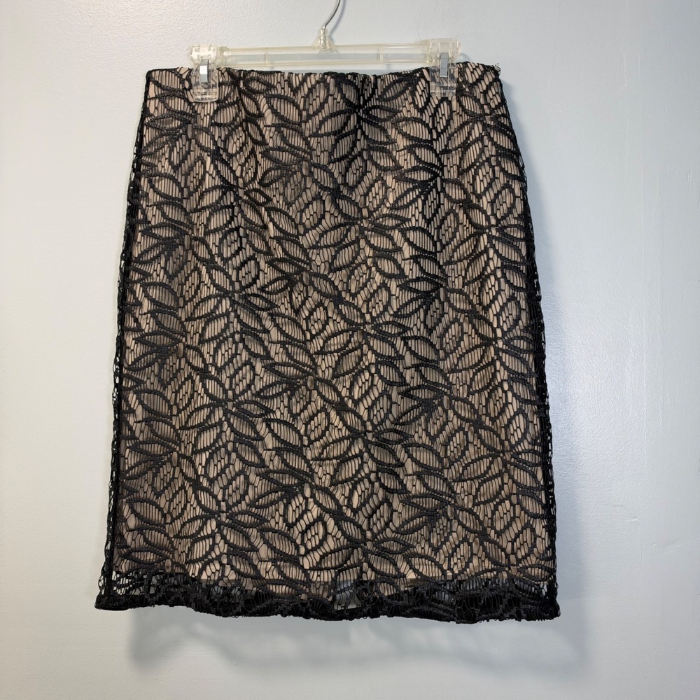 Ann Taylor Black Lace Overlay Pencil Skirt Tan Lining Size 10 Professional